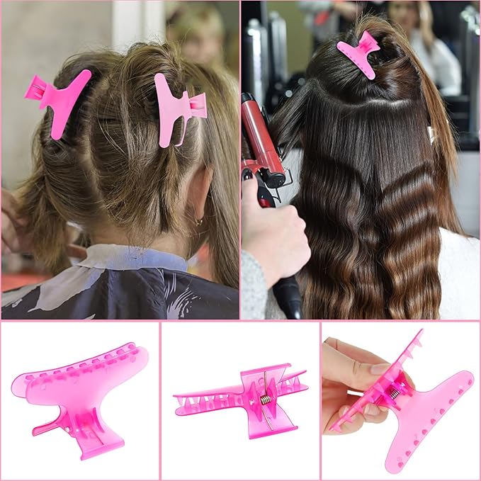 BAHABY Hair Clips for Styling Sectioning 12 PCS Pink Hot Pink Butterfly Clamps Hair Claw Clips Pro Salon Hair Clips for Styling, Sectioning, Cutting and Coloring