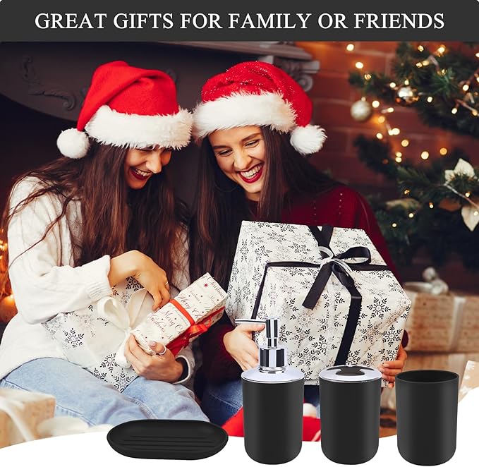 LGURT Matte Black Bathroom Accessories Set, 4-Piece Plastic Black Bathroom Organizer with Soap Dispenser, Toothbrush Holder, Rinse Cup & Soap Dish, Classic Black Bathroom Decor