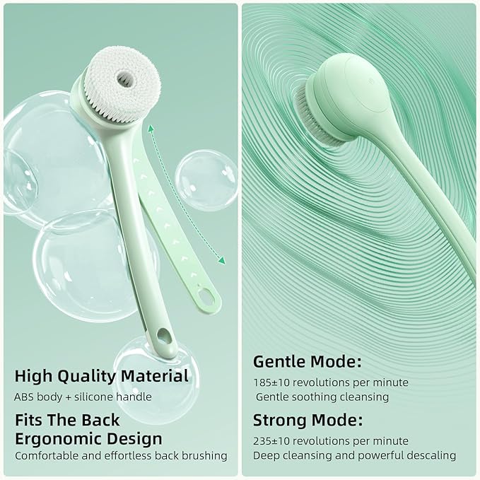 Oh,XIYU. Electric Body Brush Back Scrubber for Shower, Waterproof Long Dual Handle Body Scrubber with 3 Heads, Bath Brush & 2 Speeds, for Cleansing, Exfoliating and Massaging Skin, Pale Cypress Green