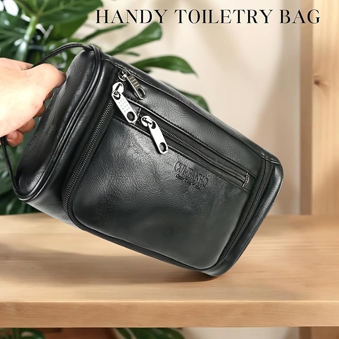 Mens Toiletry Bag, Compact Dopp Kit for Men Travel, PU Leather Shaving Kit, Water-Resistant Minimalist Organizer with Wrist Strap, Fits Grooming Essentials,Large 10x6.5x4 Inch Classic Black