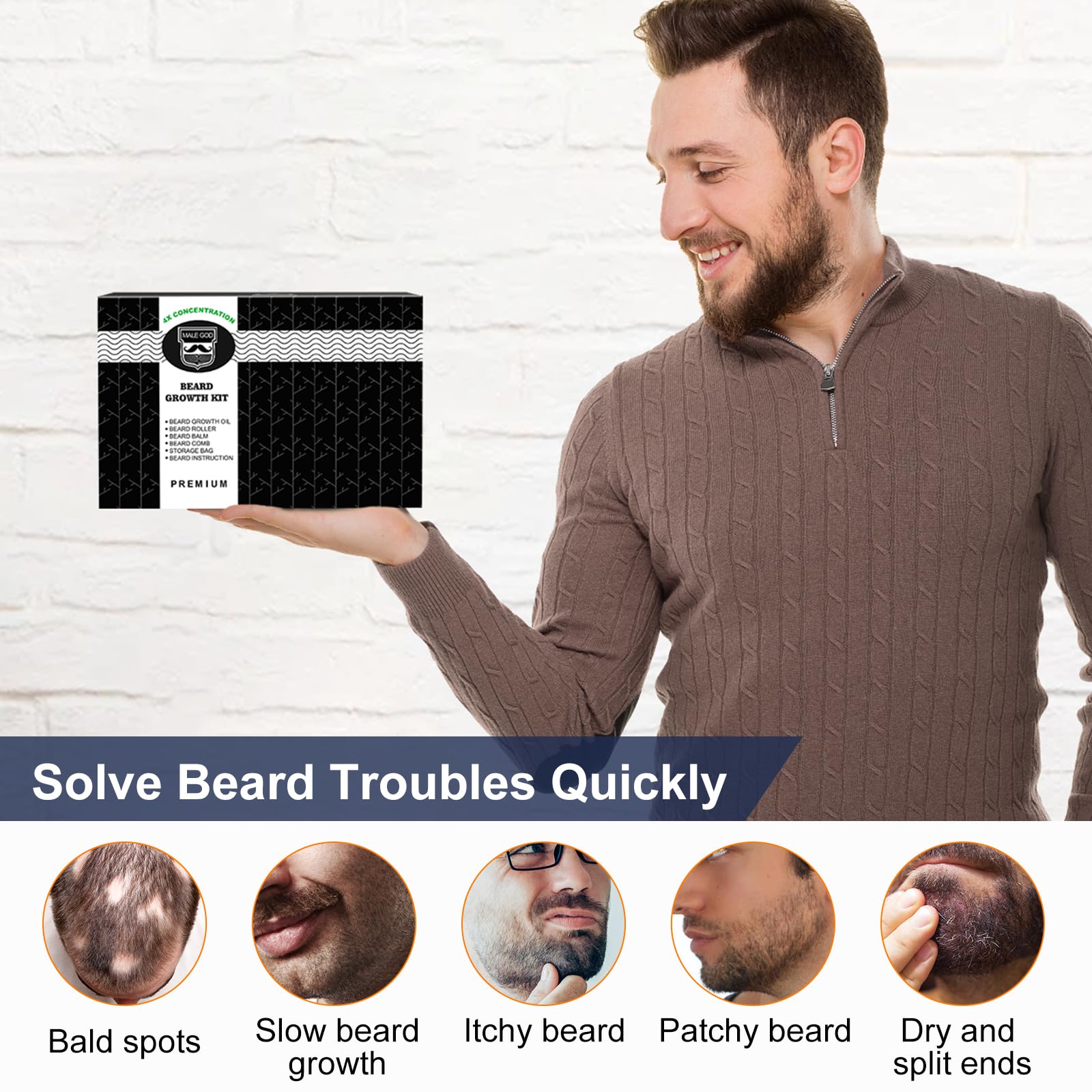 MALE GOD Beard Kit, Beard Growth Kit w/Natural Ingredients Beard Oil & Balm & Comb, Beard Growth Oil w/4X Thickening Biotin, Fathers Day | Chrismtas | Birthday Gifts for Men Him Husband Boyfriend Dad