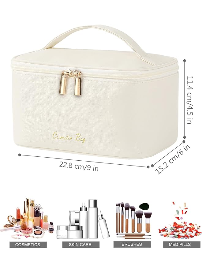 Meiyuuo Travel Makeup Bag for Women, PU Leather Cosmetic Bag, Beige