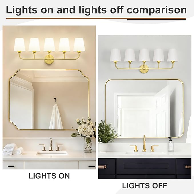 Bathroom Vanity Light, Brushed Gold Bathroom Light Fixtures, 5-Light Lighting Fixtures Over Mirror, Modern Wall Sconce with Flared White Fabric Shade, E26 Socket(ETL Listed)