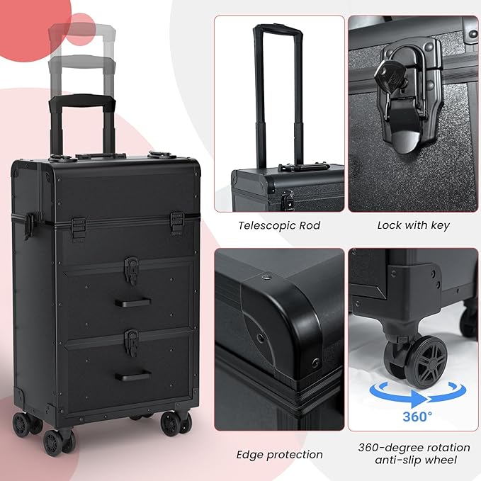 ALUROICE Large Rolling Makeup Train Case, Professional Travel Cosmetology Case on Wheels with Drawers, 3 Tiers Nail Organizers Storage Case for Nail Tech, Tattoo, Hairstylist, Makeup, Extra Large