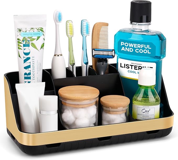GFWARE Bathroom Toothbrush Holder Set with 2 Pack Qtip Holder Dispenser - 7 Slots Kids Bathroom Accessory Sets with Drainage, Q Tip Holder for Bathroom Sink Counter Accessories Set