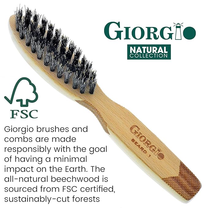 Giorgio G87IVY 2.5 Inch Men's Folding Pocket Comb Ivory - For Hair, Beard Grooming and Styling - Flexible Cellulose, Saw-cut & Hand Polished + 6 Inch Beard Brush
