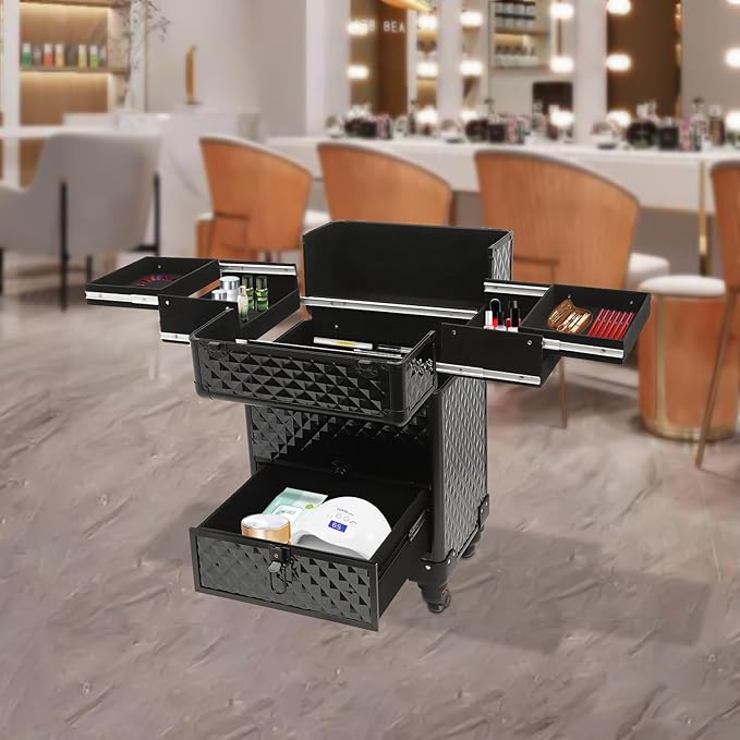 GUEYYSAN Rolling Makeup Case, Nail Storage Box with Wheels Portable Makeup Trolley for Beauty Studio Hairdressers Nail Technician (Black)