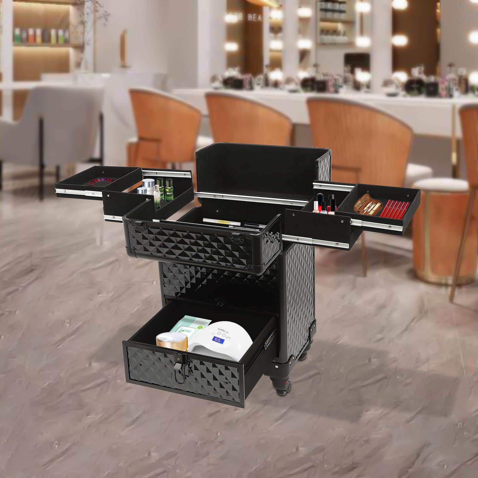 GUEYYSAN Rolling Makeup Case, Nail Storage Box with Wheels Portable Makeup Trolley for Beauty Studio Hairdressers Nail Technician (Black)