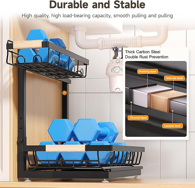 Sevenblue 2 Packs Under Sink Organizer, Height Adjustable 2 Tier Under Kitchen Sink Organizer, Multi-Purpose Storage Shelf for Kitchen Bathroom Cabinet (Black, Extra Large)