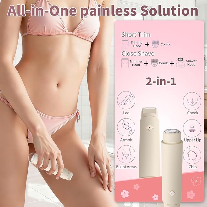 Cordless Bikini Shaver, Bikini Trimmer for Women, 2-in-1 Electric Razors Body Hair Removal, Dual Head Women's Hair Trimmer for Leg Arm Body Pubic Grooming Tool (Brown)