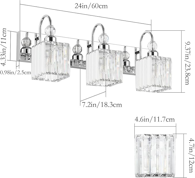 Ralbay Chrome Crystal Bathroom Vanity Light - 3-Lights, 24" Modern Wall Light Fixtures