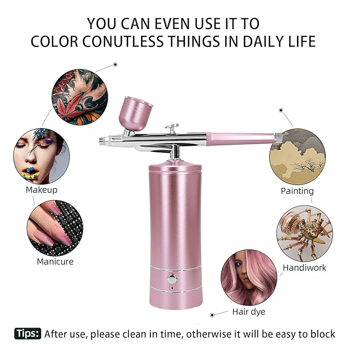 Airbrush Kit Air Brush Kit With Air Compressor Nail Charms Wireless Air Brush for Barber, Nail Art, Makeup, Model Painting (Pink - with extension tube)