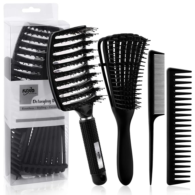 4pcs Curly Hair Brush Set for Adult & Kids Wet or Dry, Detangling Brush for 3/4ABC Hair with Wide Tooth Comb (4, Black)