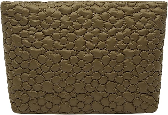 HFLZBRO Puffy Quilted Makeup Bag, Cosmetic Bag, Travel Toiletry Organizer Pouch, Clutch for Wom (Brown Flower)