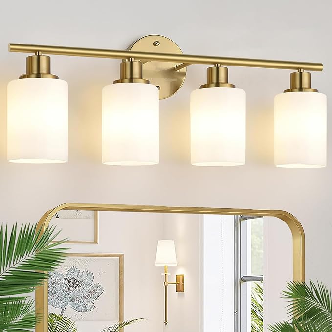 Zarbitta 4-Light Bathroom Light Fixtures, Brushed Gold Modern Vanity Lights with Milky White Frosted Glass Shades, Bathroom Wall Lamp for Mirror Kitchen Living Room
