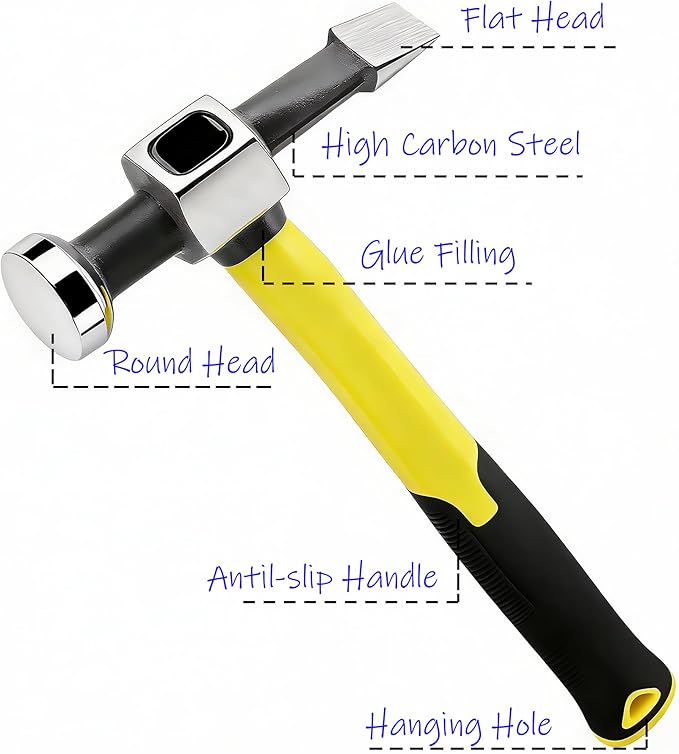 Auto Body Hammer,Flat and Round Head,Polished,Reinforce,Anti-Rust,Plastic Handle.