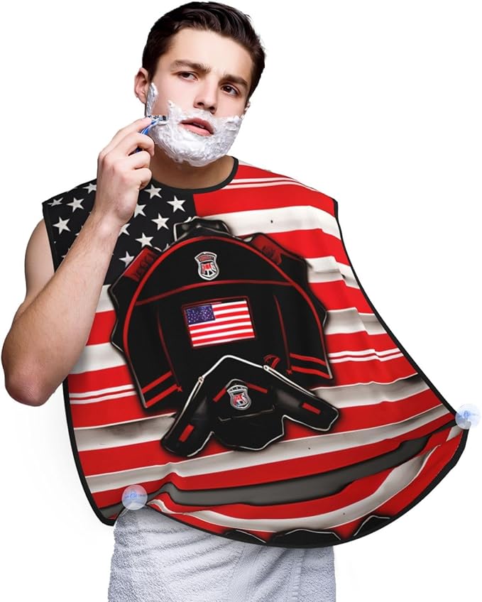 Red Stripe Firefighter Usa Flag Print Beard Bib Shaving Apron, Beard Hair Trimming Cape Gift For Dad