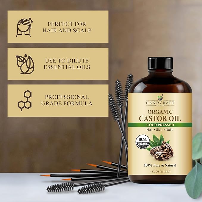 Handcraft Blends Cold-Pressed Organic Castor Oil 4 Fl Oz | Glass Bottle | Lash Brushes | 100% Pure and Natural | Premium Grade Carrier Oil | Hair, Eyelashes and Eyebrows | Hair and Body
