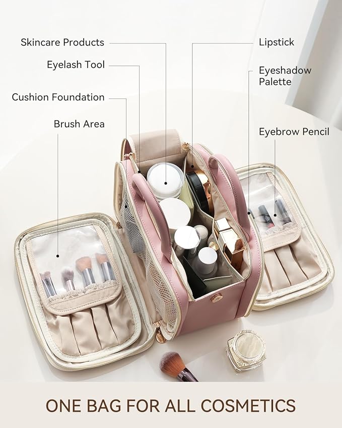 Prite Makeup Bag for Women, Large Capacity Waterproof Travel Cosmetic Organizer, Portable Open Flat Toiletry Bag with Free-standing Brush Holder and Handle(Pink Medium)