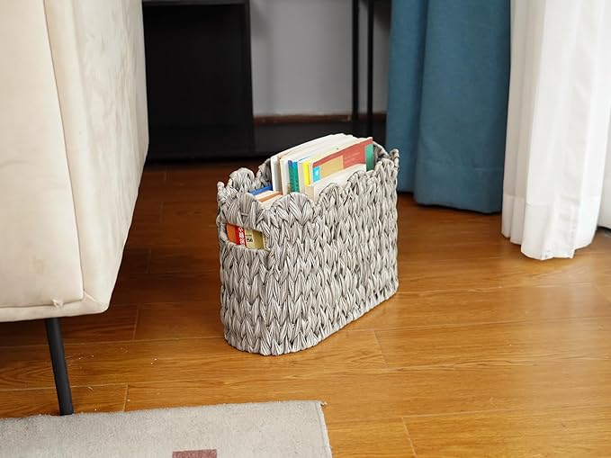 Coeusy Grey Toilet Paper Storage Basket,Scalloped Baskets for Bathroom Organizers and Storage,Waterproof Plastic Wicker Basket for Bathroom,Laundry Room