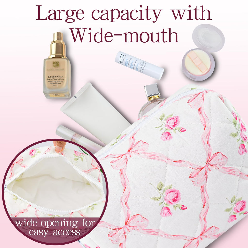 Quilted Makeup Bag Floral Cotton Make up Bag Puffy Coquette Makeup pouch Aesthetic Cute Travel Toiletry Bag for Women Girls