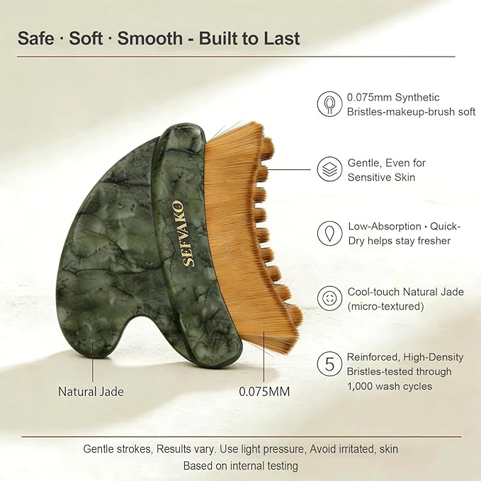 SEFVAKO Lymphatic Contour Face Brush, Dual-Ended Dry Brush + Cool-Touch Jade Gua Sha Edge, 0.075mm Ultra-Soft Bristles Gua Sha Facial Tools, for Lymphatic Drainage, Less Puffy Look, Sculpt & Relax