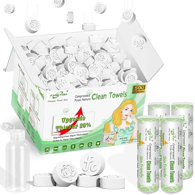 Fancyou Compressed Towel Tablets Bulk 500 Pcs with 4 Dispenser, Mini Coin Tissue Cotton Biodegradable Disposable Washcloths, Portable Facial Towels for Home Travel Office Camping Gym Supplies