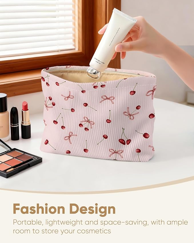 Ksriylm Cute Bow Cherries Makeup Pouch for Women Small Make Up Bag for Purse Zipper Initial Makeup Cosmetic Bags Pouches for Purse Aesthetic Travel Toiletry Bags,Red Pink Cherry