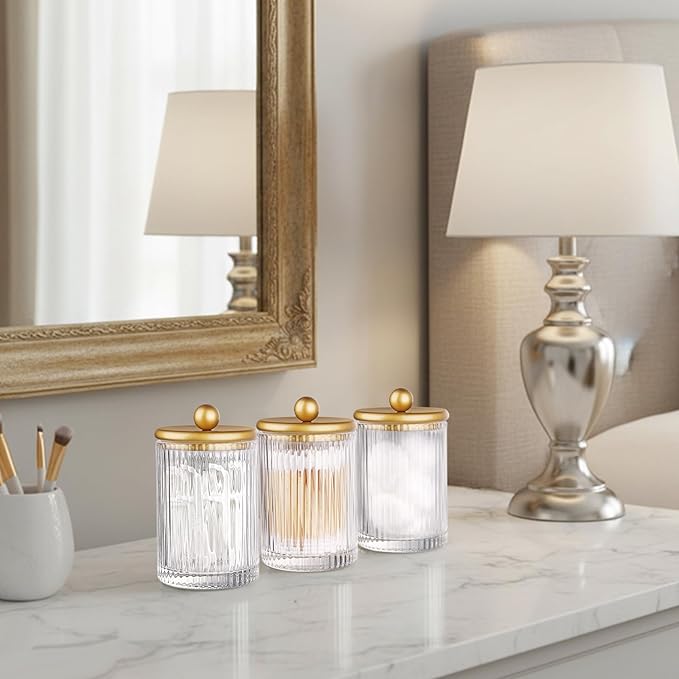 SheeChung 4-Pack Gold Ribbed Glass Qtip Holder - Apothecary Jars Bathroom Organizer Set with Lids - Vanity Storage Canisters for Cotton Balls, Pads, Swabs, Floss Picks - Modern Farmhouse