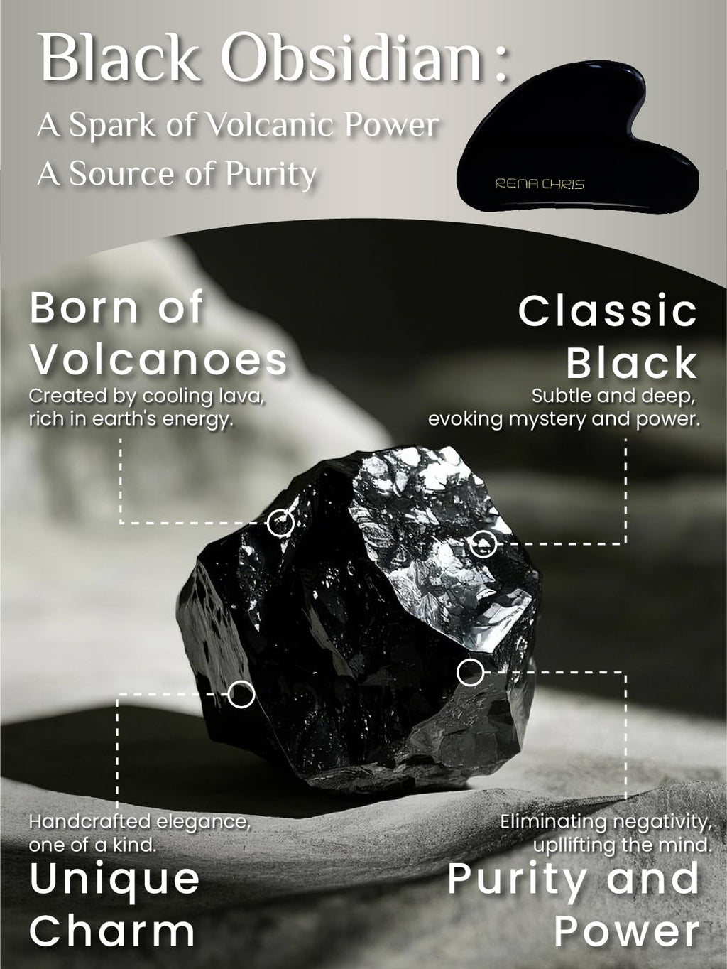 Rena Chris Gua Sha Facial Tools: Natural Obsidian Guasha Tool for Face Acupuncture Therapy, Facial Massager for Jawline Sculpting and Puffiness Reducing (Black)