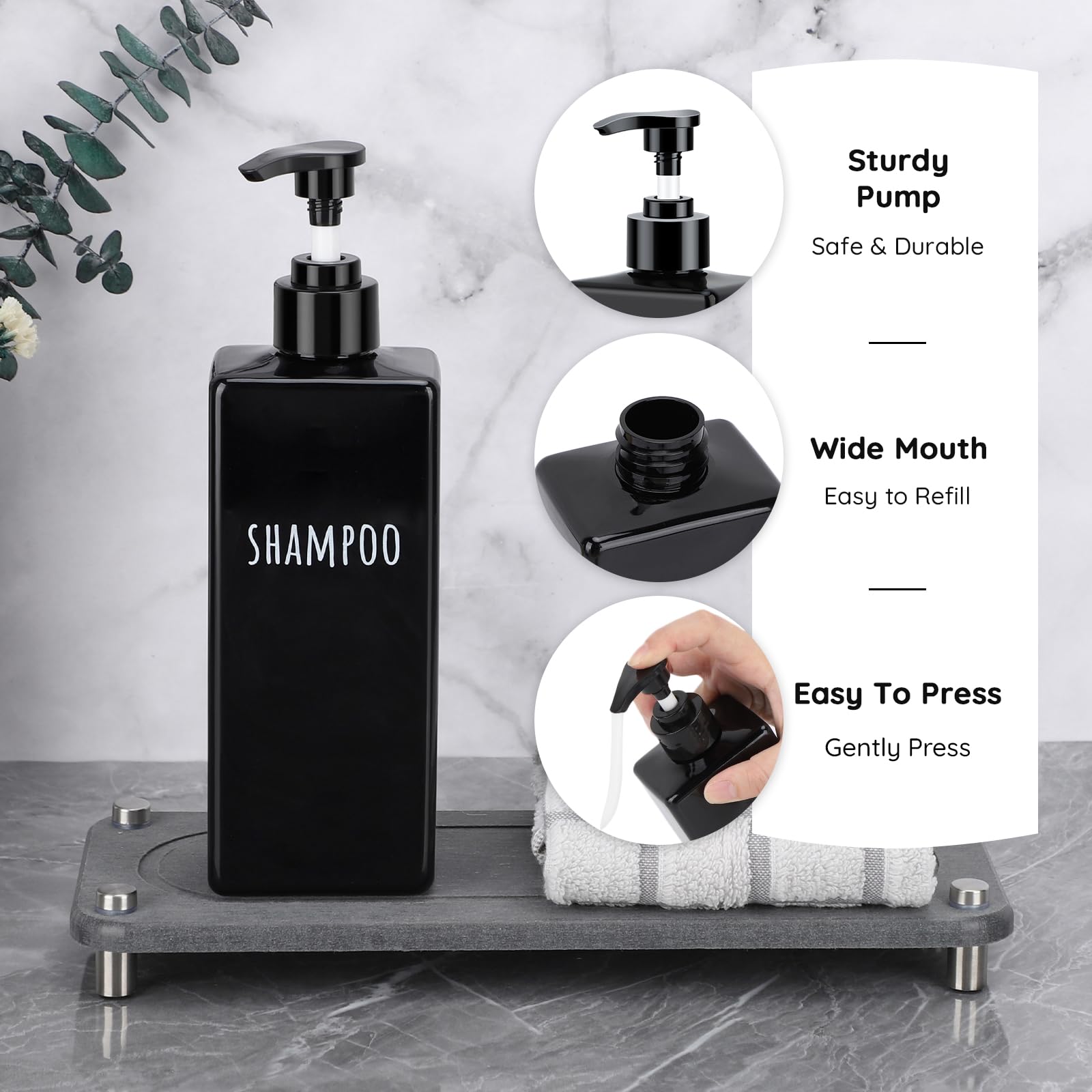 Segbeauty 6pcs 16.9oz Refillable Soap Dispenser Set, Empty Plastic Hand Soap Dispenser, 500ml Square Black Hand Wash Dispensers, Press Pump Shampoo and Conditioner Bottle for Shower Bathroom Kitchen