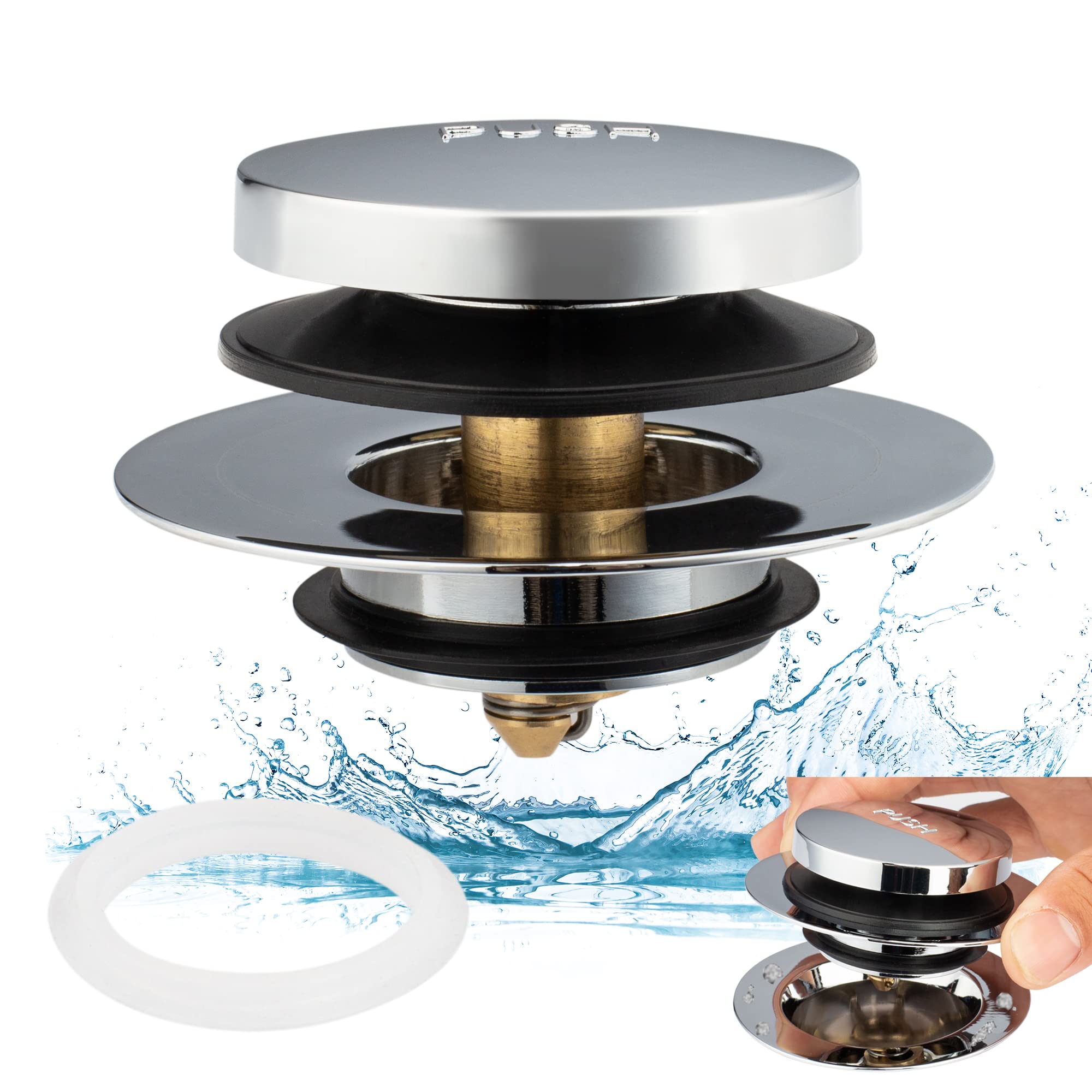 Artiwell Universal Tip Toe Bath Drain Stopper and Cover, Bathtub Drain Stopper, Replaces Lift and Turn, Tip-Toe and Trip Lever drains for Tub, EZ Installation and Clearing (Chrome Plated)