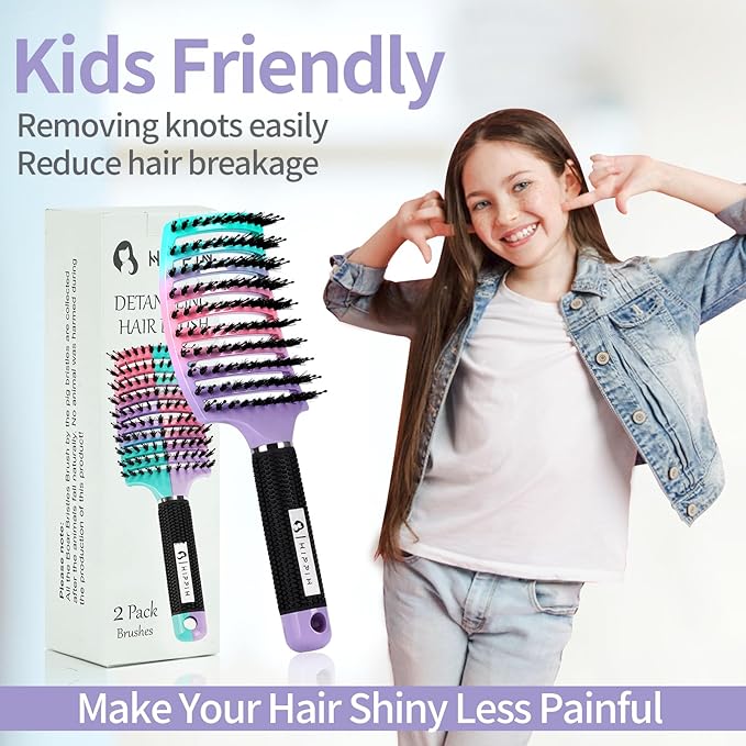 Boar Bristle Hair Brush Set of 2, HIPPIH Wet & Dry Hair Brushes Made by Fine Natural Boar Hair Can Adds Shine and Smoothing, Detangling Hairbrush for Women, Men & Kids' Long Curly Thick Hair
