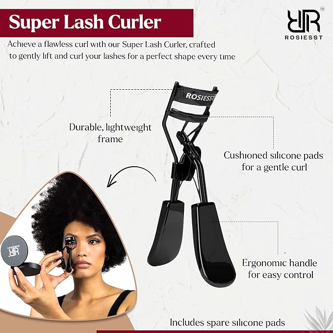 Rosiesst Professional Eyelash Curler, Stainless Steel with Silicone Pads, Ergonomic Design for a Comfortable Grip, Super Curling, Compact Travel Size. Black Lash curlers.
