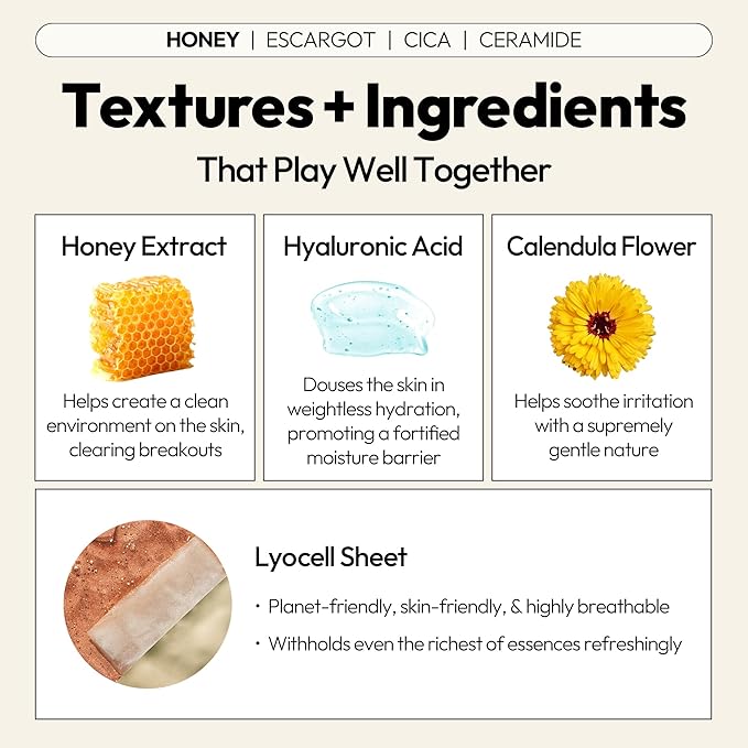 LAPCOS K Beauty Skin Barrier Repair Sheet Mask Variety Pack - Escargot, Cica, Ceramide, Honey - 4 Types of K Beauty Face Mask Set to Hydrate & Soothe - Breathable Sheet Korean Skin Care (Pack of 12)