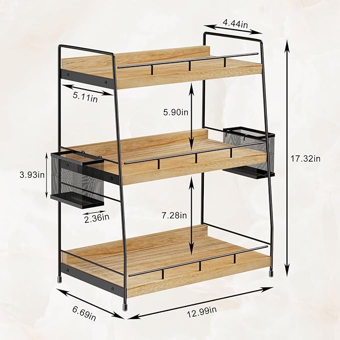 BSTSLL 3 Tier Bathroom Counter Organizer with Side Baskets, Wood Countertop Vanity Shelf,Sturdy Metal Frame fits Tall Bottles