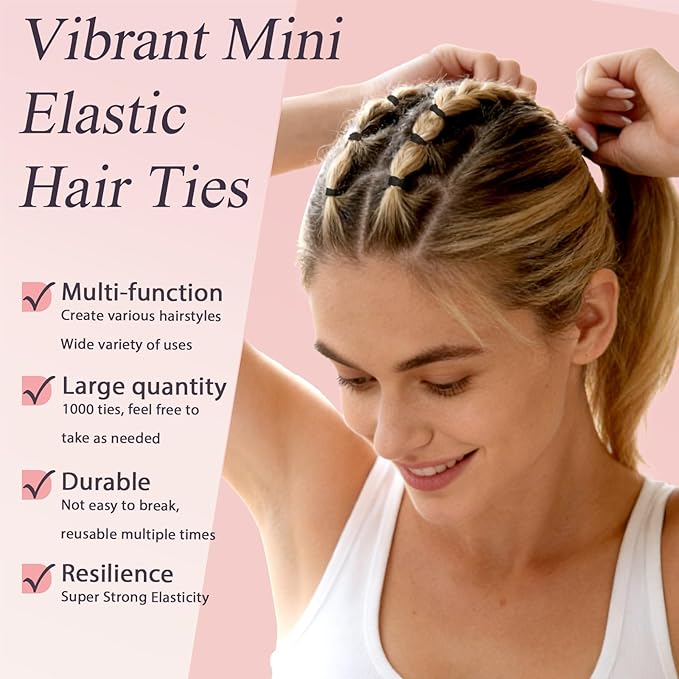 Black 1000pcs Mini Hair Rubber Bands, Soft & Durable Plastic Elastic Hair Ties for Little Girls, Stretch Ponytail Ties for Kids Hairstyles and Braids