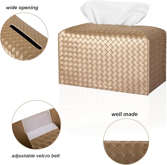 Tissue Box Cover PU Leather Tissue Holder Square Facial Tissue Case Facial Paper Organizer Dispenser for Bathroom, Vanity Countertop, Tabletop, Car, Rectangle, Gold