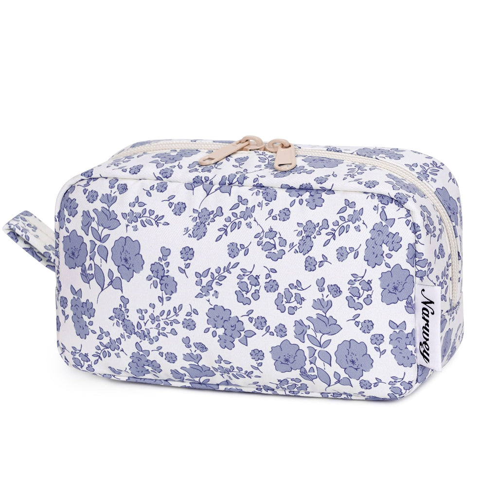 Narwey Small Makeup Bag for Purse Travel Makeup Pouch Mini Cosmetic Bag Zipper Pouch for Women (Little Grayish Blue Flower, Small)