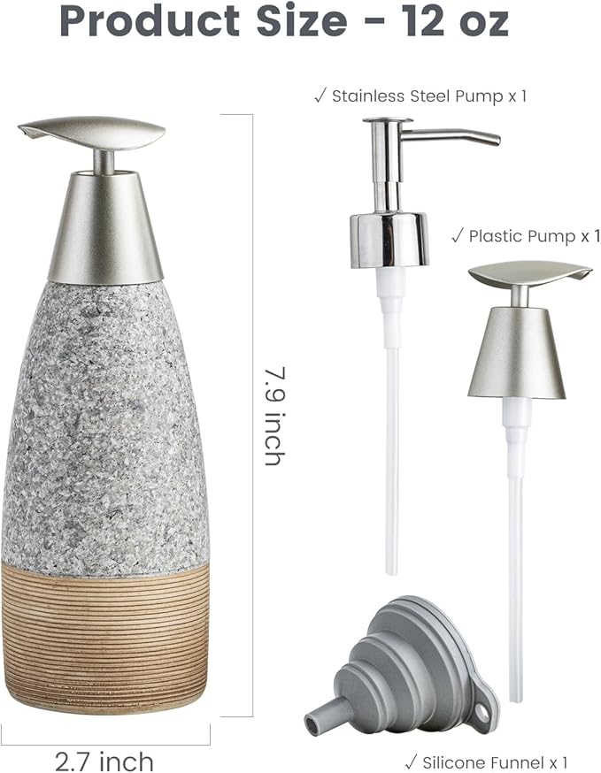 Ceramic Soap Dispenser with 2 Pumps, 12 oz Refillable Liquid Hand Soap Dispenser for Shampoo, Kitchen, Hand Soap Bottle for Mother's Day, Granite Grey