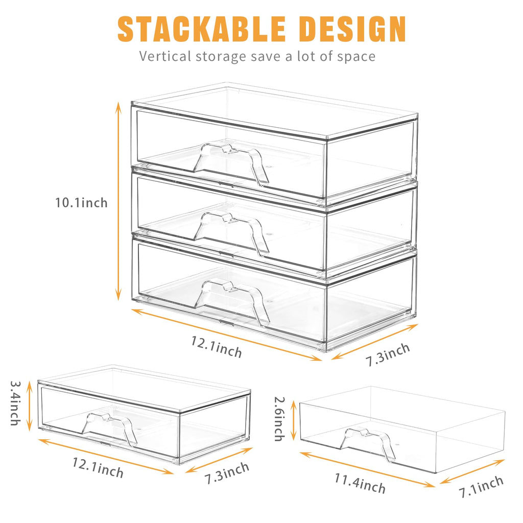 3 Pack Stackable Makeup Organizer, 12.1''L Acrylic Bathroom Organizer and Storage Undersink Drawer, Cosmetics and Beauty Supplies,Clear Plastic Storage Bins for Vanity,Pantry,Desk,Cabinet,Kitchen