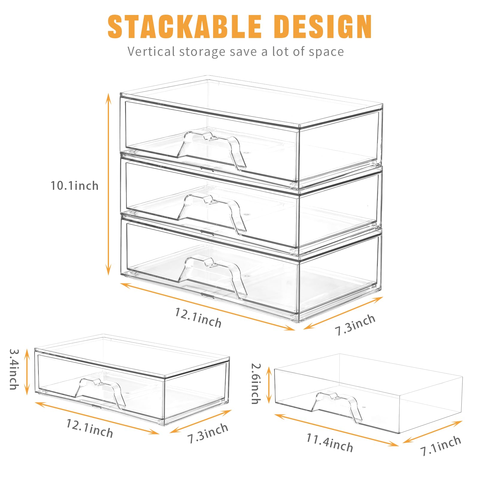 3 Pack Stackable Makeup Organizer, 12.1''L Acrylic Bathroom Organizer and Storage Undersink Drawer, Cosmetics and Beauty Supplies,Clear Plastic Storage Bins for Vanity,Pantry,Desk,Cabinet,Kitchen