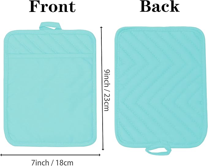 VEIKERY Oven Pot Holder with Pocket Cotton Heat Resistant Coaster Potholder Kitchen Hot Pad Oven Mitts for Cooking Square 7"x9"Set of 5 (Aqua)