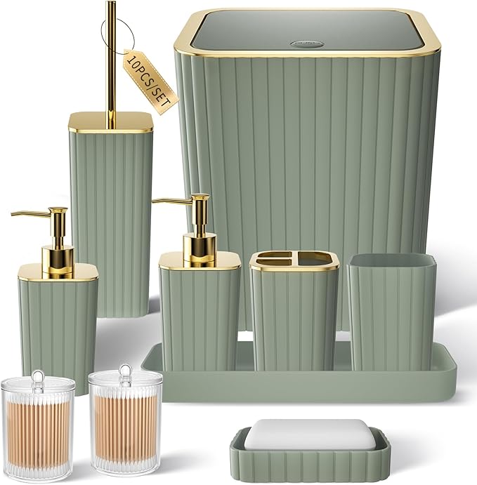 XLHOMO Bathroom Accessory Set - 25PC Green Bathroom Sets, Bathroom Set with Shower Curtain and Rugs, Dark Green Shower Curtain Set, Trash Can, Qtip Holder & Soap Dispenser