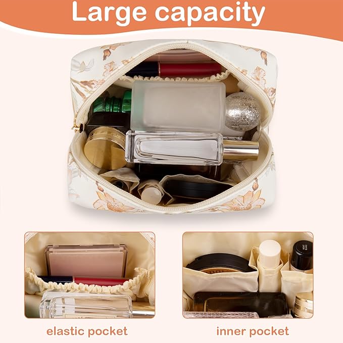 Gosect Floral Waterproof Makeup Bag, Leather Cosmetic Bag with Compartments, Zipper Make up Pouch Organizer, Portable Storage Travel Toiletry Bag Gifts for Women Girls(Rose Red Flower)