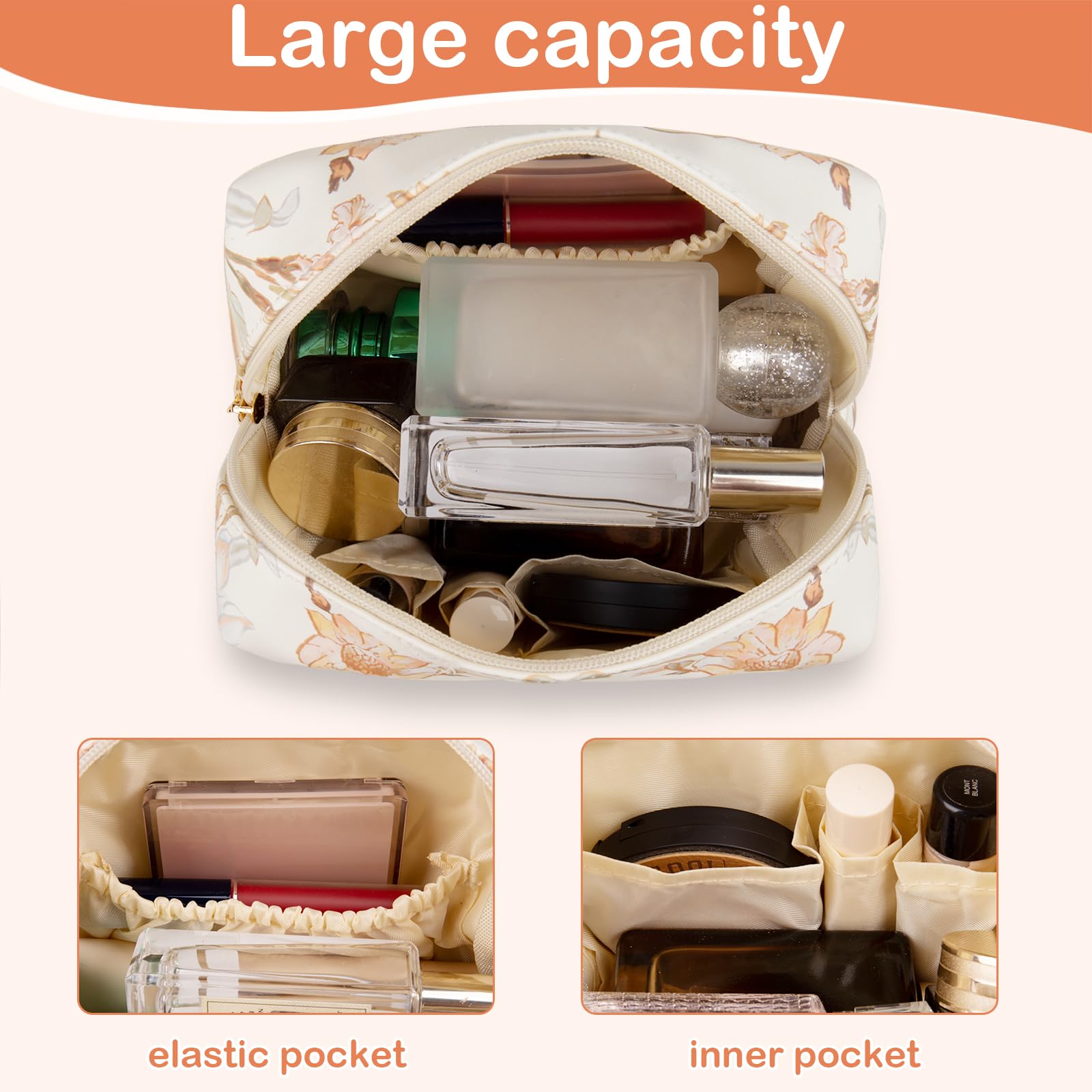 Gosect Floral Waterproof Makeup Bag, Leather Cosmetic Bag with Compartments, Zipper Make up Pouch Organizer, Portable Storage Travel Toiletry Bag Gifts for Women Girls(Rose Red Flower)