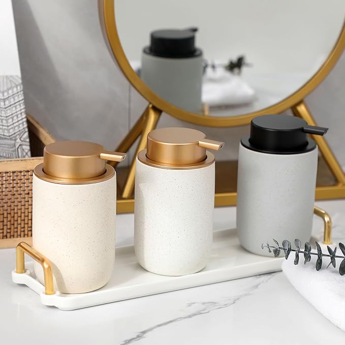 Hand Soap Dispenser for Bathroom Decro, Ceramic Liquid Pump Bottles Refillable Dish Dispenser for Kitchen Farmhouse Colleage Dorm, Matte Beige