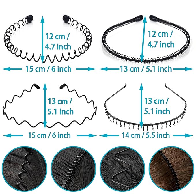 KELUBATU Metal Headband for Men, Adjustable Wavy Hair Band, Zig Zag 8 Pcs