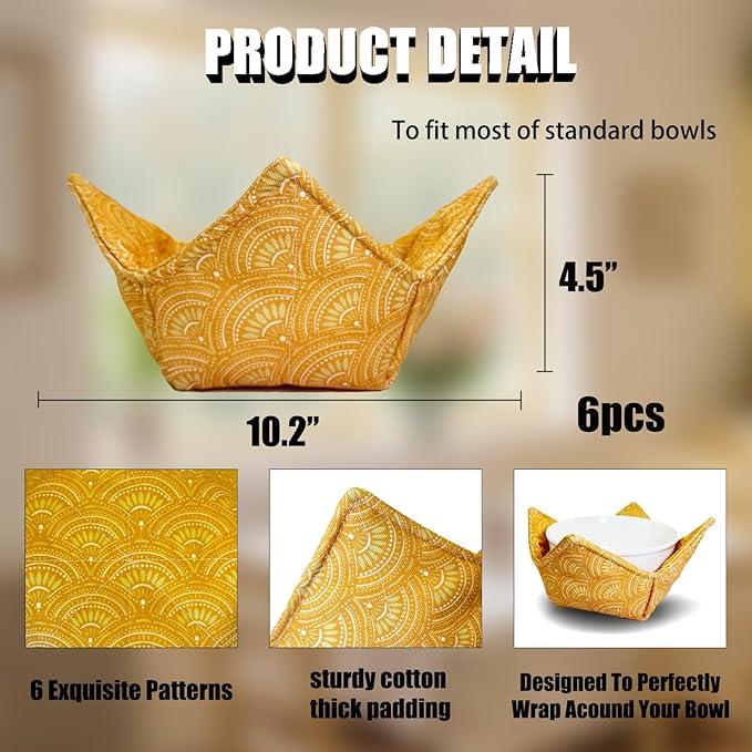 JounLoin Cotton Microwavable Bowl Cozy ，Set of 6，Microwave-Safe Hot Bowl Holders, Soup Cozy Hot Pads，Prevent Hand from Heat and Maintain Food Warm，Ideal Household Gift Store (D)