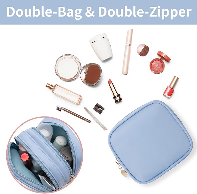 XIAOLER Small Makeup Pouch, Double Zipper Cosmetic Bag, Travel Makeup Bag, Cute Makeup Bag for Purse, Mini Toiletry Bag (blue)